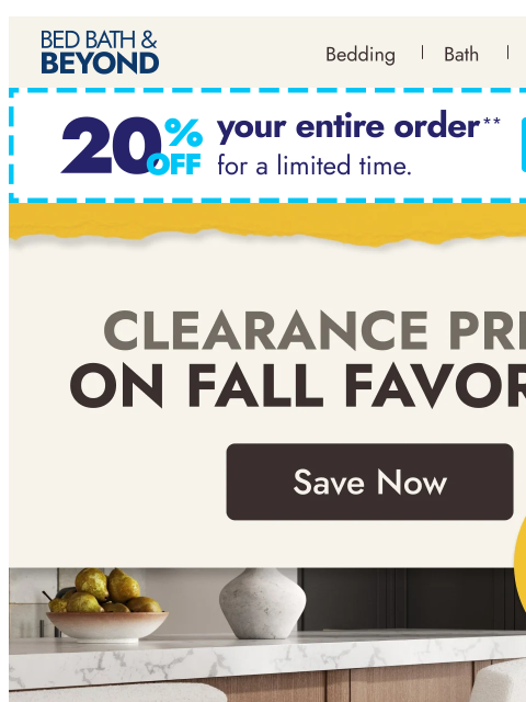 bedbathandbeyond newsletter: Fall Clearance deals: Up to 70% off 🍂