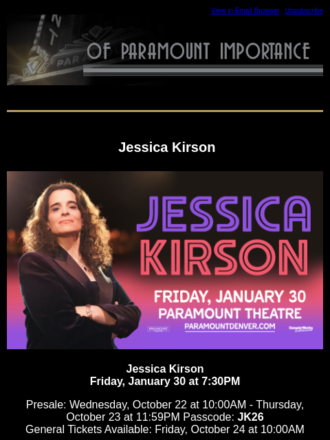 kroenkeentertainment newsletter: Presales this week!