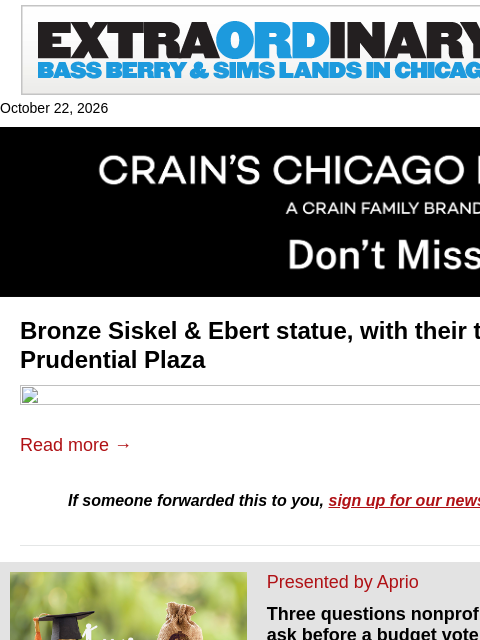 crainalerts newsletter: Siskel & Ebert statue coming to East Loop