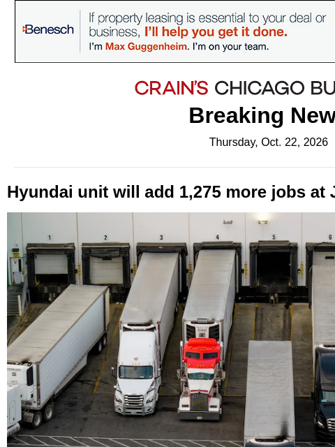 crainalerts newsletter: Hyundai unit plans 1,275 more jobs in Joliet