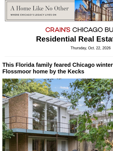 crainalerts newsletter: Flossmoor home by Keck & Keck goes up for sale