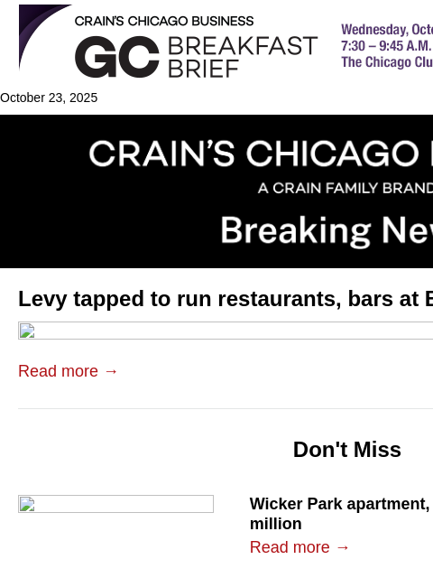 crainalerts newsletter: Levy lands Bally's casino restaurant deal