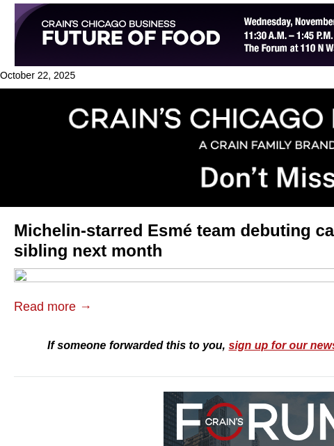 crainalerts newsletter: Michelin-starred Esmé team to open new French bist...