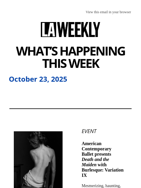 laweekly newsletter: What's Happening in LA This Week + Spooky Music in...
