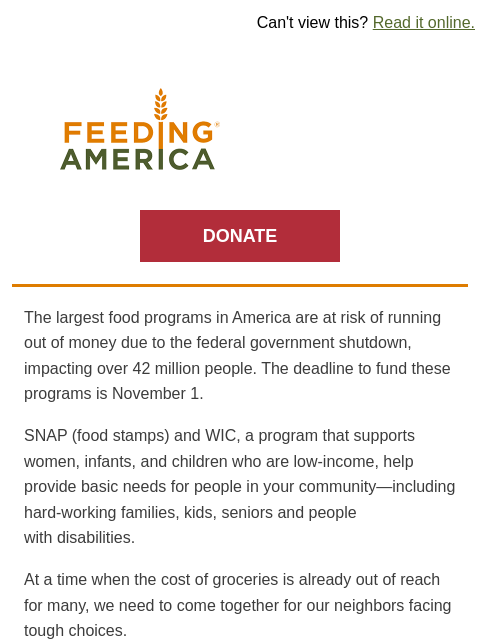 feedingamerica newsletter: Government shutdown threatens critical food progra...