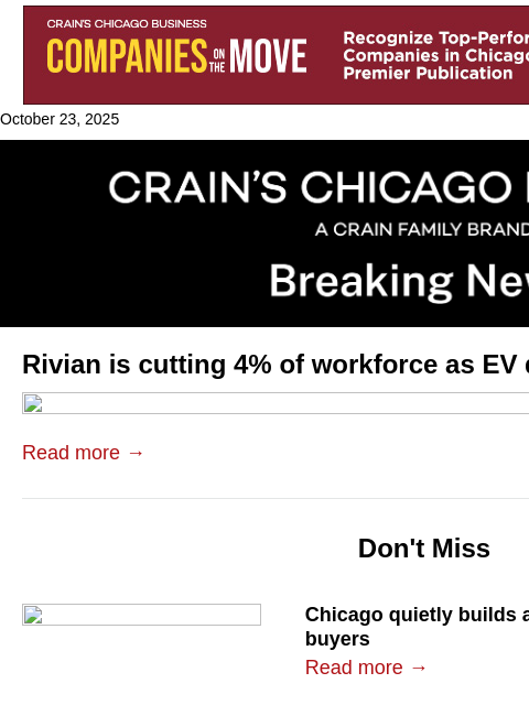 crainalerts newsletter: Rivian cutting 4% of workforce
