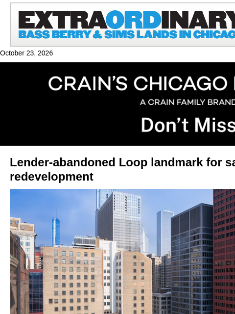 crainalerts newsletter: Historic Loop high-rise goes up for sale