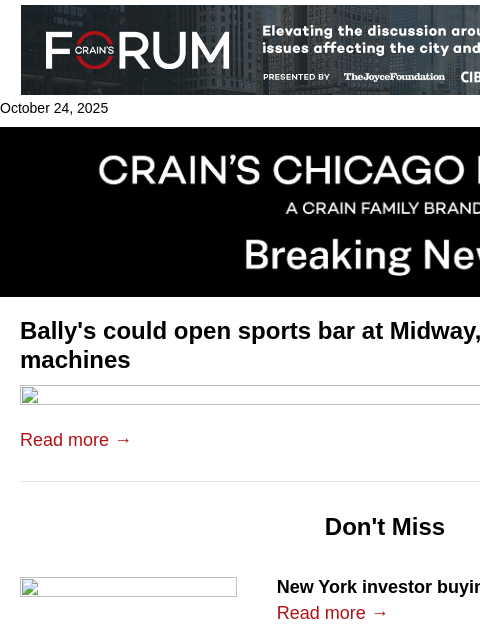 crainalerts newsletter: Bally's planning sports bar at Midway