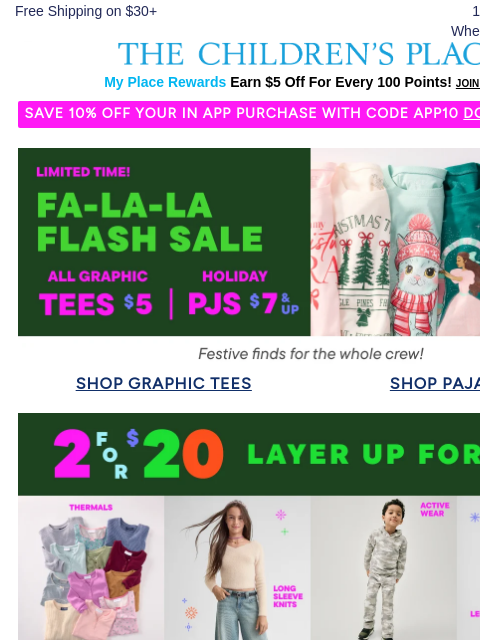 childrensplace newsletter: FINAL CHANCE ✨ $5 Tees & $7+ PJs 🎅🏻☃️🎄