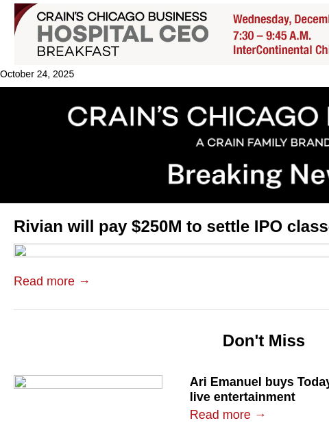 crainalerts newsletter: Rivian to settle IPO class-action lawsuit
