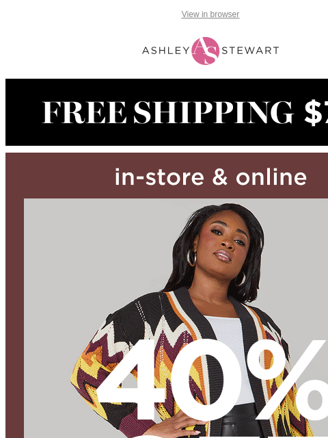 ashleystewart newsletter: SWEATER season is here! Get them at 40% off in-sto...
