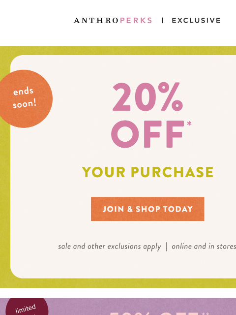 anthropologie newsletter: Join AnthroPerks for 20% off