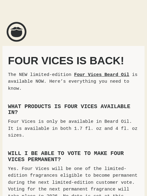 beardbrand newsletter: Four Vices is Back!