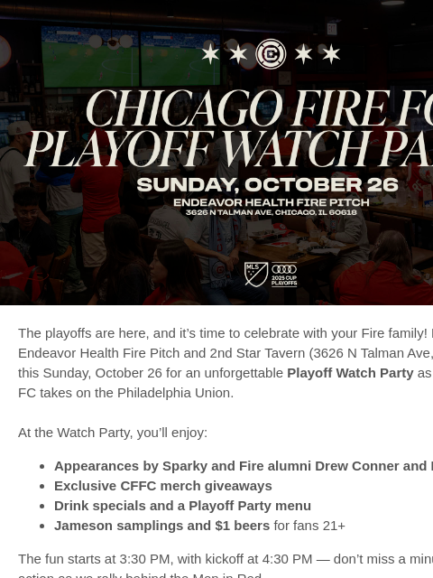 chicagofirefc newsletter: Join Us Sunday for the Chicago Fire FC Playoff Wat...