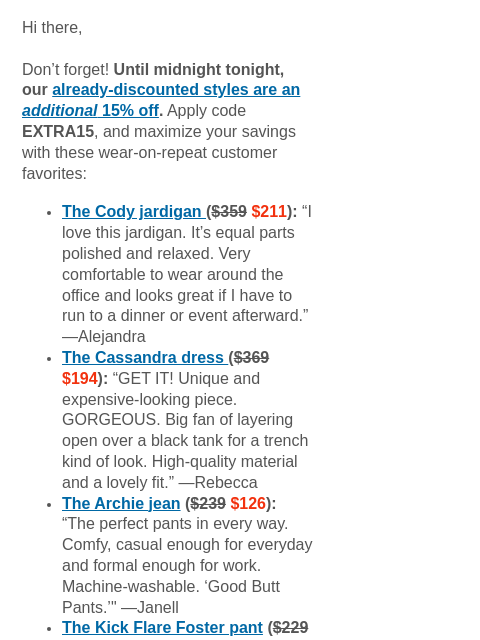 mmlafleur newsletter: ENDS TONIGHT: Extra 15% Off Sale Styles