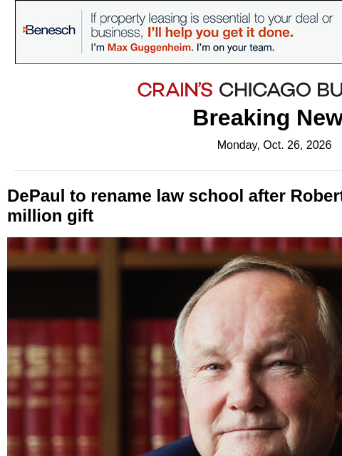 crainalerts newsletter: DePaul renaming law school after $30M gift