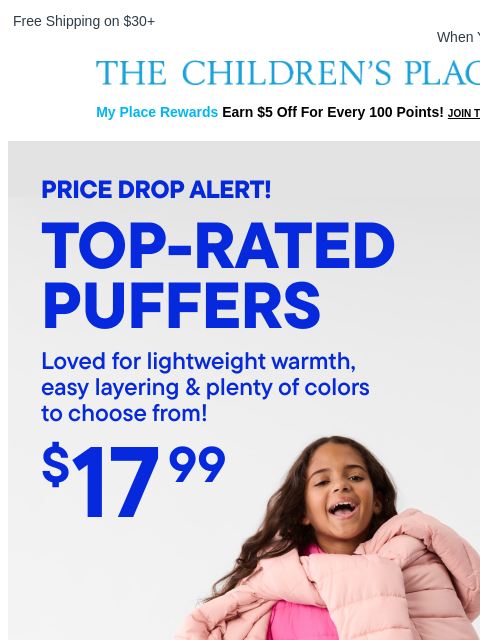 childrensplace newsletter: A Top-Rated Steal: $17.99 Puffer Jackets ⭐️