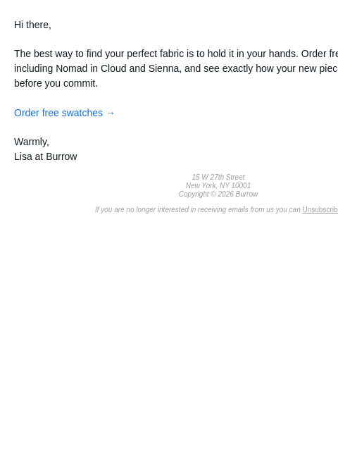 burrow newsletter: Order free fabric swatches