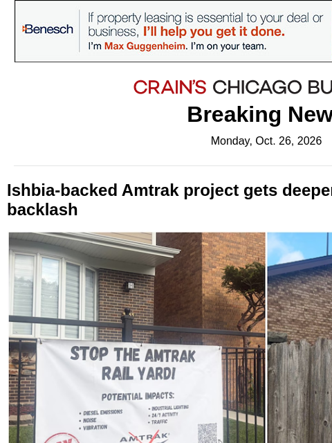 crainalerts newsletter: Amtrak project tied to Sox stadium plans gets fres...