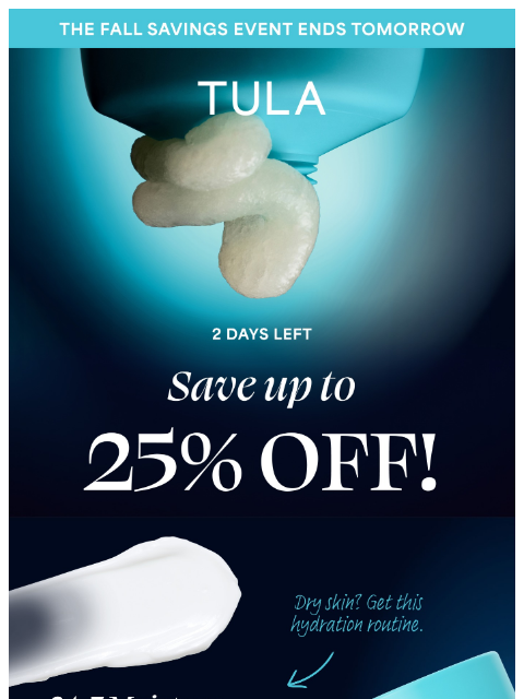 tula newsletter: Days left: 20% off $100+, 25% off $150+