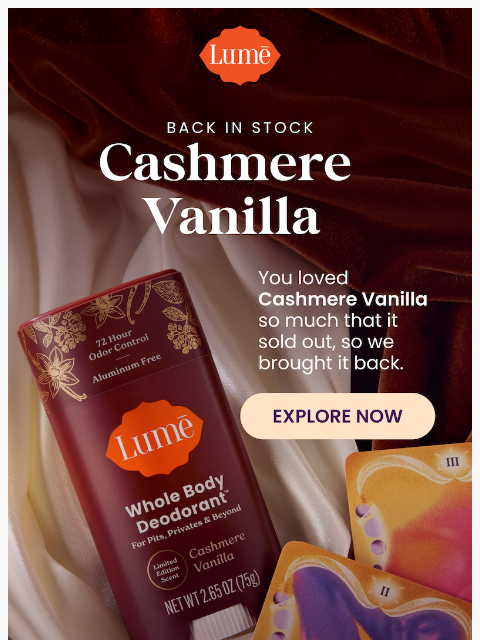 lumedeodorant newsletter: 🚨 BACK IN STOCK: Cashmere Vanilla