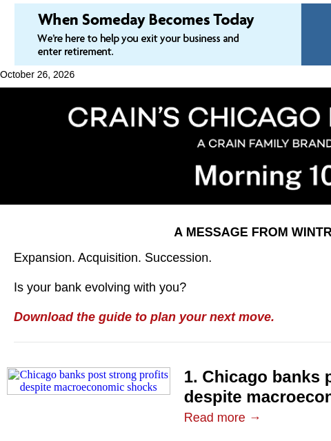 crainalerts newsletter: Chicago banks defy economic headwinds