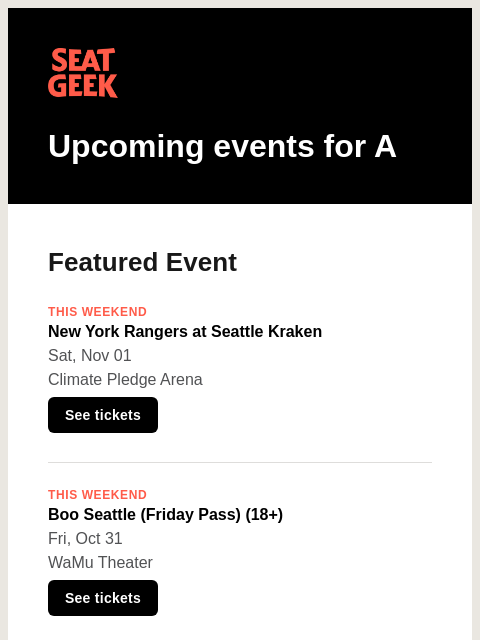 seatgeek newsletter: New York Rangers at Seattle Kraken/Boo Seattle (Fr...