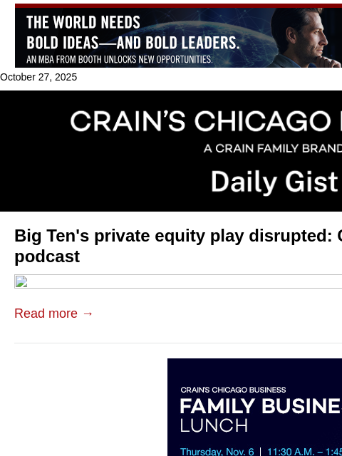crainalerts newsletter: Big Ten's private equity play disrupted: Crain's D...