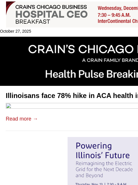 crainalerts newsletter: Illinois residents face 78% ACA premium hike