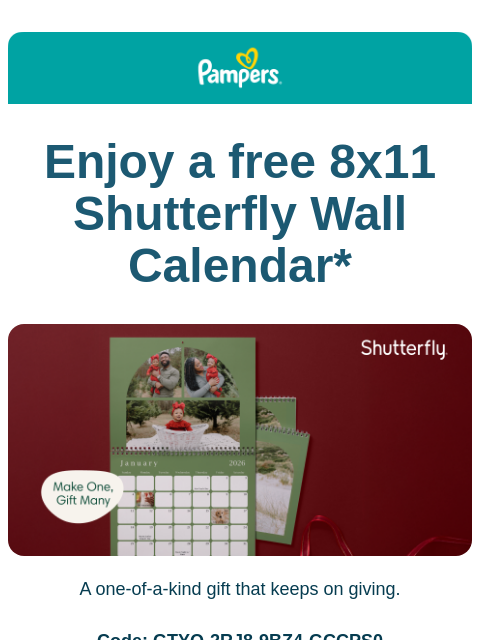 pampers newsletter: Your free Shutterfly Calendar awaits