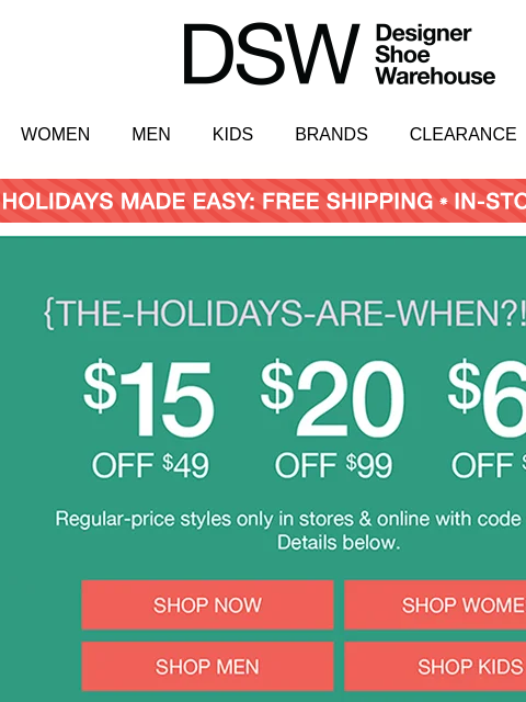 dsw newsletter: Ho-ho-holiday hues + $15 OFF