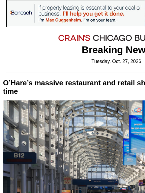 crainalerts newsletter: Who will win O'Hare's massive restaurant and retai...