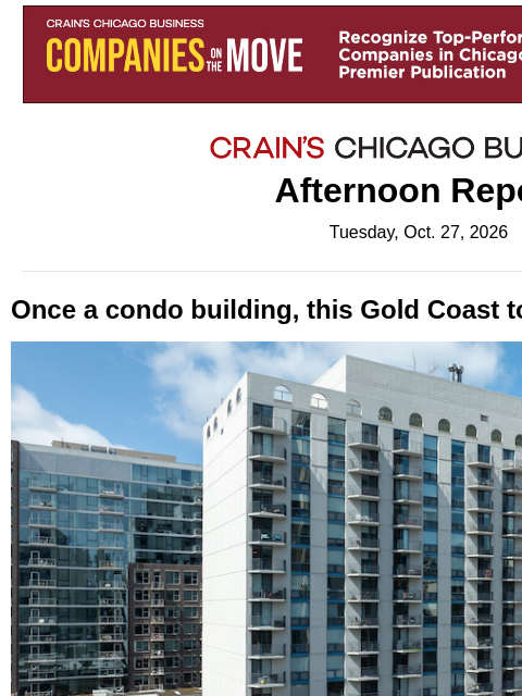 crainalerts newsletter: Another Chicago apartment tower trades hands