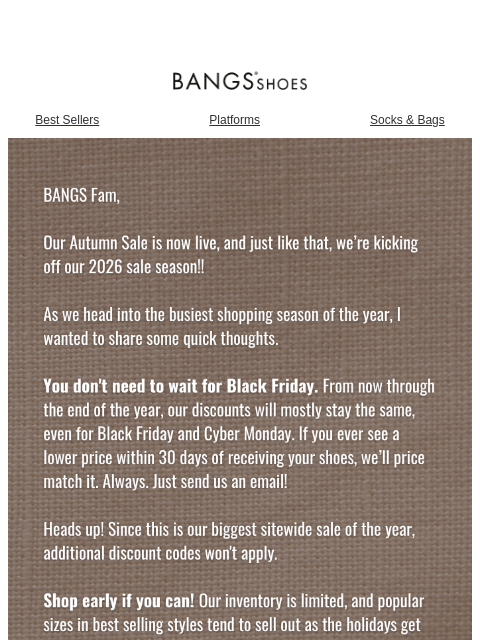 bangsshoes newsletter: Autumn Sale is HERE 🍂👟