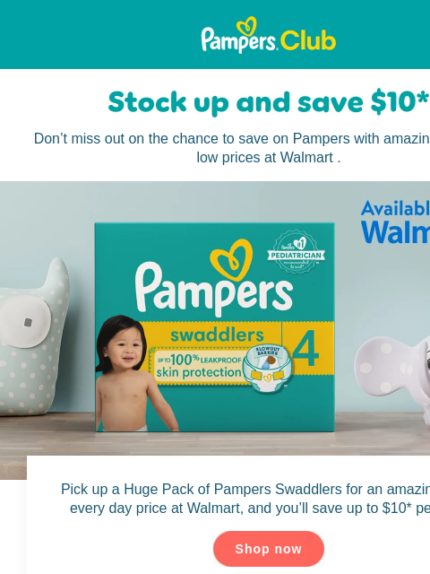 Enjoy low prices at Walmart Don't miss out on the chance to save on Pampers with amazing every day low prices at Walmart . Pick up a Huge Pack of Pampers Swaddlers for an amazingly low every day