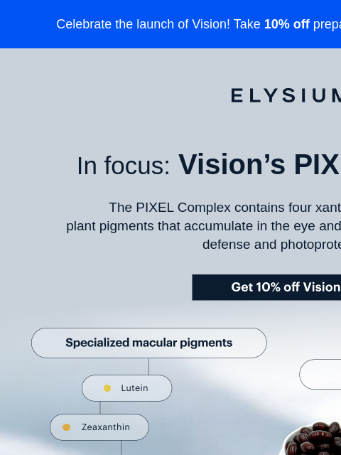 10% off Vision prepaid plans. Celebrate the launch of Vision! Take 10% off prepaid plans with code VISION10. ELYSIUM In focus: Vision's PIXEL Complex The PIXEL Complex contains four xanthophyll