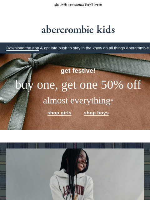 abercrombie newsletter: BOGO 50% OFF, just for cozy season