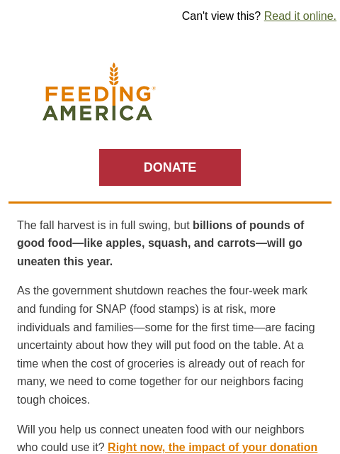 feedingamerica newsletter: Fall Harvest 2x Match: Don't miss this chance to d...