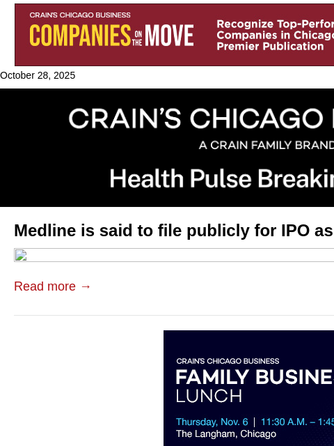 crainalerts newsletter: Medline set to publicly file for IPO soon