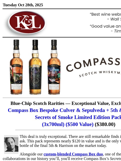 klwines newsletter: Exclusive Compass Box Trio: Collector-Grade Scotch...