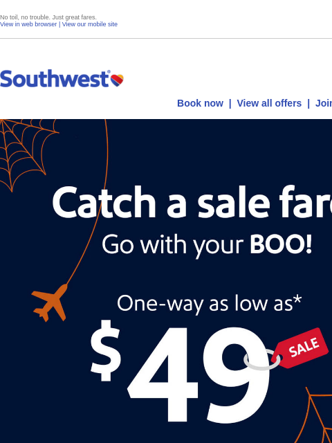 southwest newsletter: $49 sale! Boo-yah!