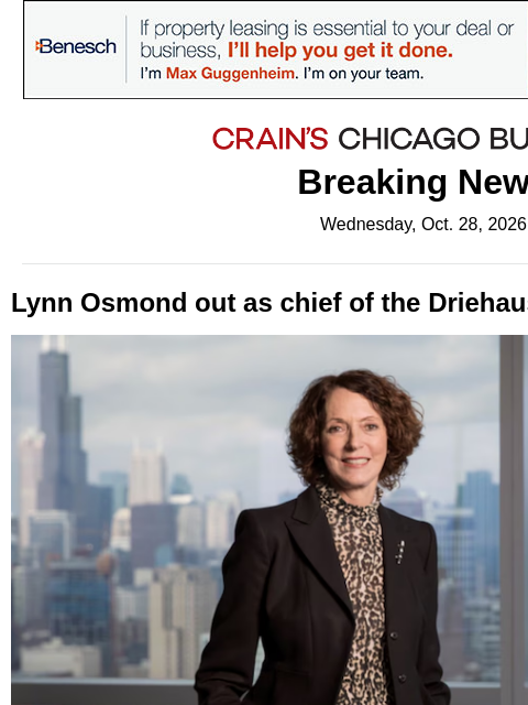 crainalerts newsletter: Lynn Osmond is out at Driehaus Foundation