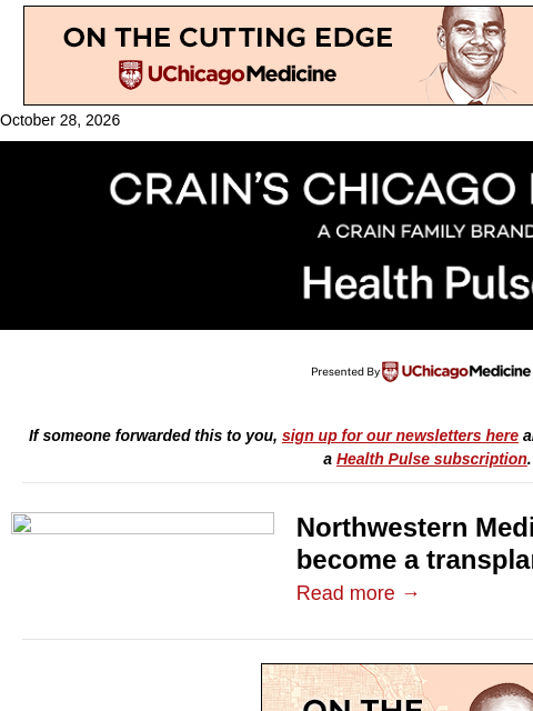 crainalerts newsletter: Northwestern's big transplant play