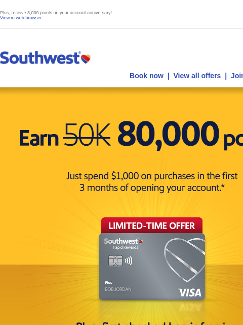 southwest newsletter: Like to earn 80,000 points? Big win.
