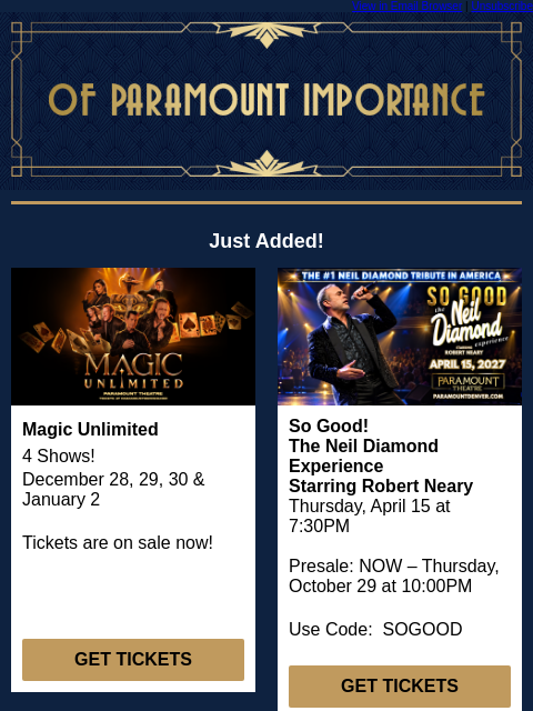 kroenkeentertainment newsletter: JUST ADDED: Magic Unlimited, Neil Diamond Experien...