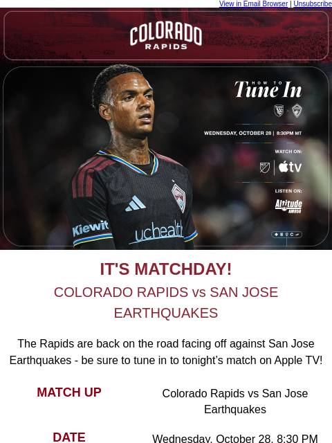 thecoloradorapids newsletter: How to Watch | Rapids @ San Jose Earthquakes