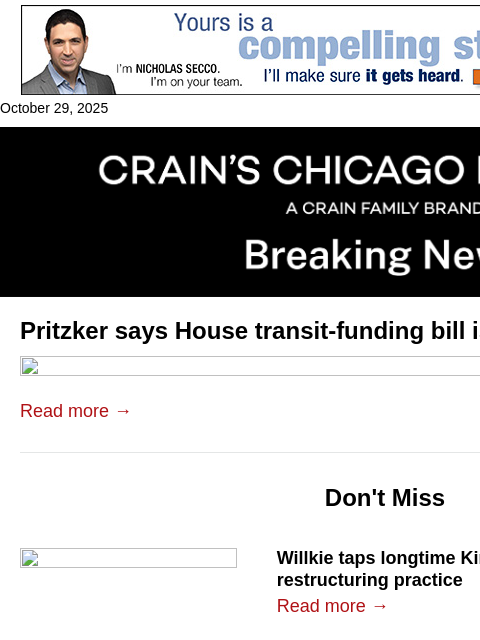 crainalerts newsletter: Transit-funding bill is a non-starter, Pritzker sa...