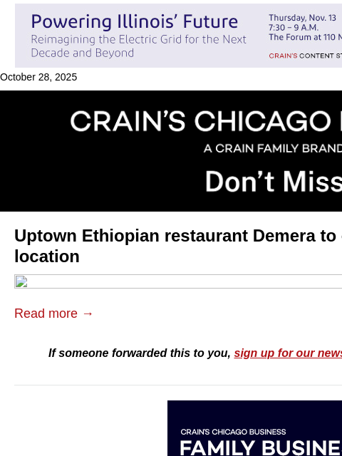 crainalerts newsletter: Beloved Ethiopian restaurant to open new spot