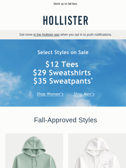 hollisterco newsletter: Tees, sweatshirts & sweatpants on sale!