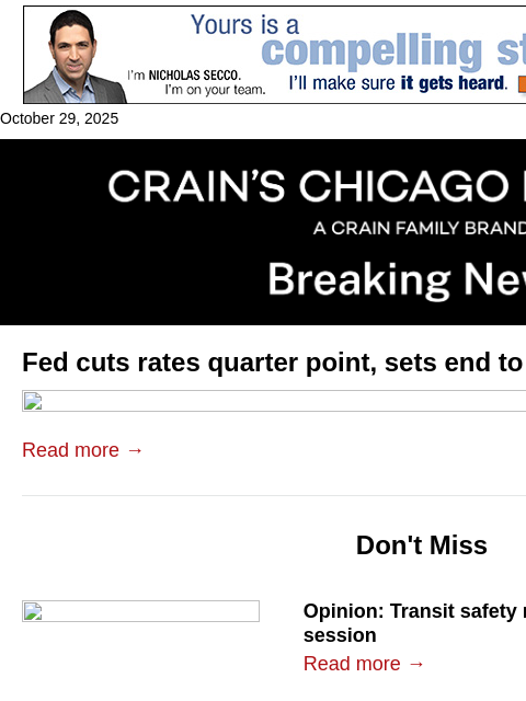 crainalerts newsletter: Fed delivers 2nd consecutive rate cut